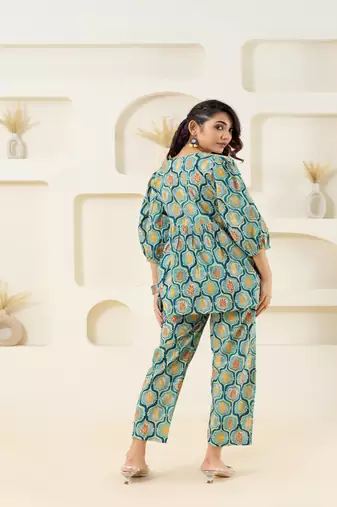 Mint floral grid printed cotton co-ord set