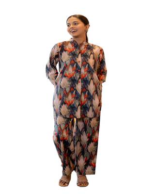 Half buttoned bold flared printed cotton co-ord set 1