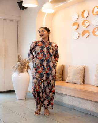 Half buttoned bold flared printed cotton co-ord set 2