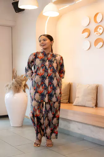 Half buttoned bold flared printed cotton co-ord set