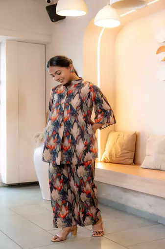 Half buttoned bold flared printed cotton co-ord set
