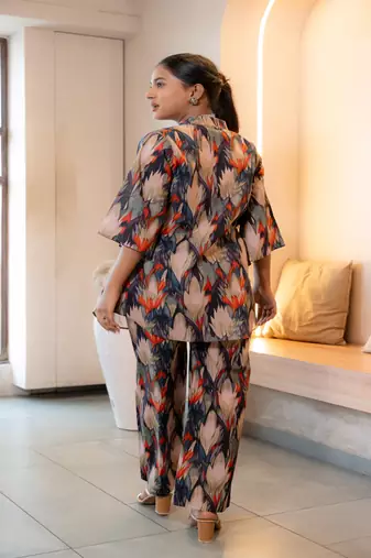 Half buttoned bold flared printed cotton co-ord set