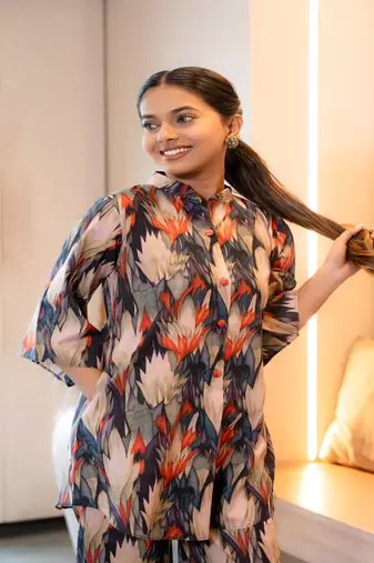 Half buttoned bold flared printed cotton co-ord set