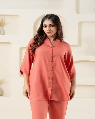 Peach shawl collar solid coordset 4