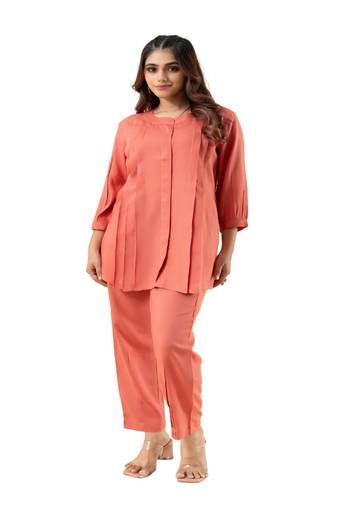 Peach pleated flared solid coordset