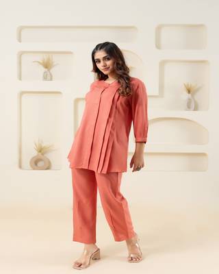 Peach pleated flared solid coordset 2
