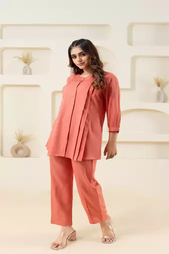 Peach pleated flared solid coordset
