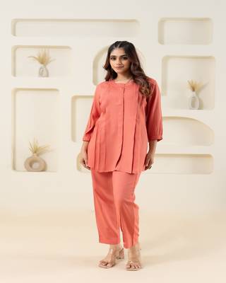 Peach pleated flared solid coordset 3
