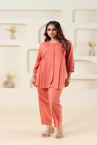 Peach pleated flared solid coordset
