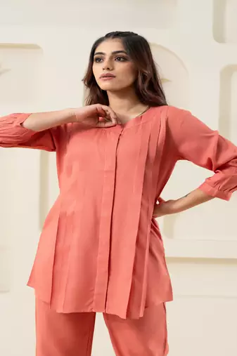 Peach pleated flared solid coordset