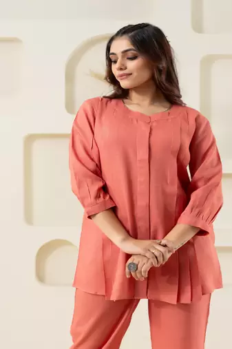 Peach pleated flared solid coordset