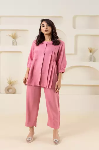 Pink pleated flared solid coordset