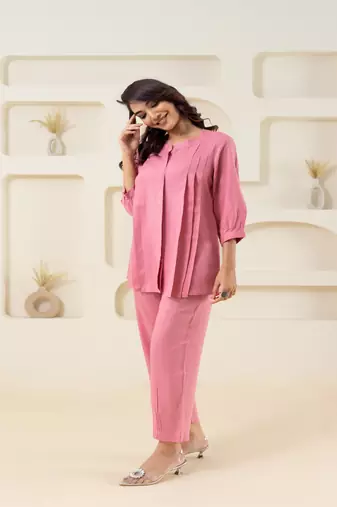 Pink pleated flared solid coordset