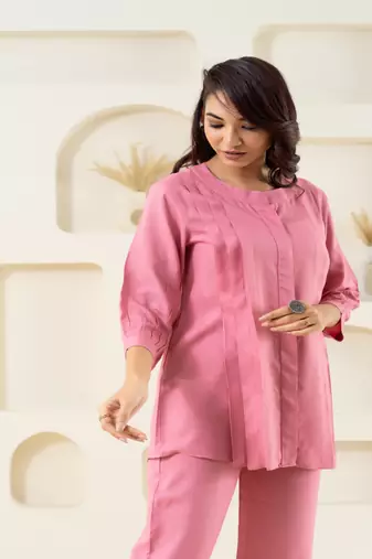 Pink pleated flared solid coordset