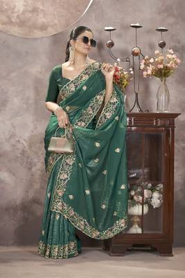 teal blue thread and sequins embroidered gold crunch saree 1
