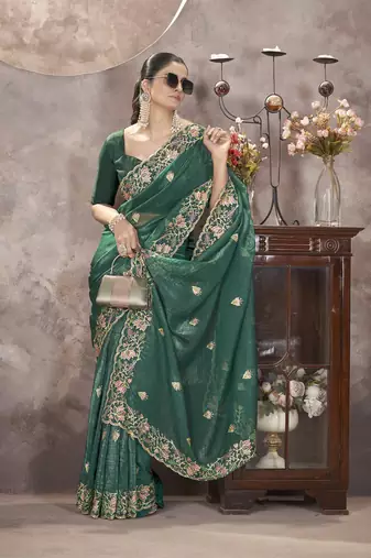 teal blue thread and sequins embroidered gold crunch saree