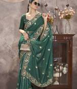 teal blue thread and sequins embroidered gold crunch saree
