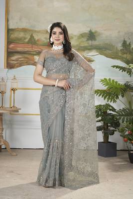 grey sequins and thread embroidered net saree 1