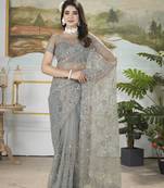 grey sequins and thread embroidered net saree