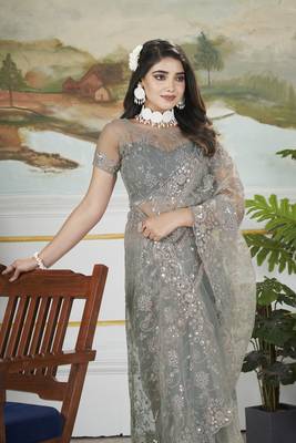 grey sequins and thread embroidered net saree 2