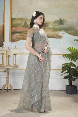 grey sequins and thread embroidered net saree 3