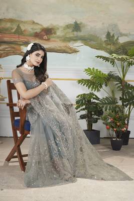 grey sequins and thread embroidered net saree 4