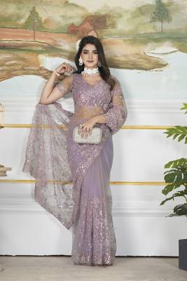 purple sequins and thread embroidered net saree 1