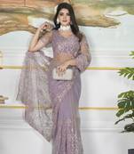 purple sequins and thread embroidered net saree