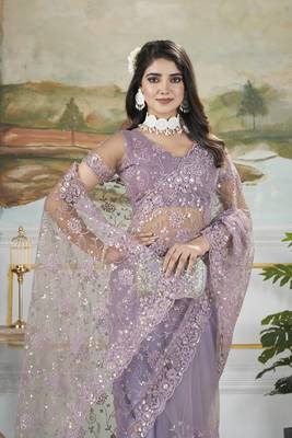 purple sequins and thread embroidered net saree 2
