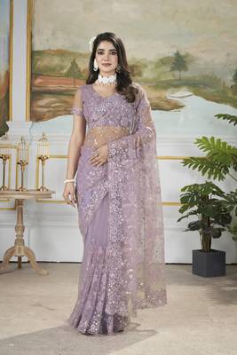 purple sequins and thread embroidered net saree 3