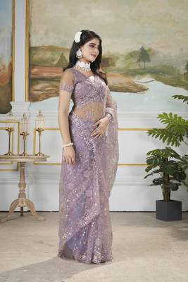 purple sequins and thread embroidered net saree 4