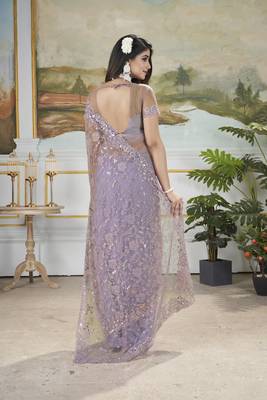 purple sequins and thread embroidered net saree 5