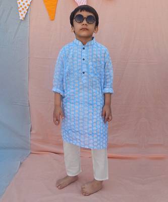 Powder blue cotton woven  kurta pyjama 1