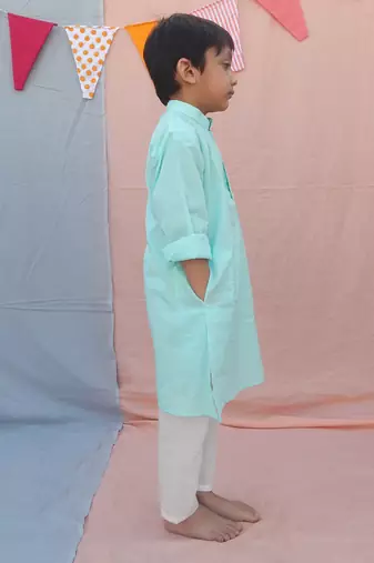 Powder blue cotton woven kurta pyjama