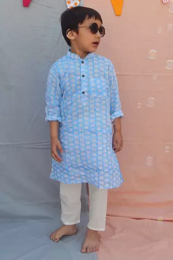 Powder blue cotton woven  kurta pyjama