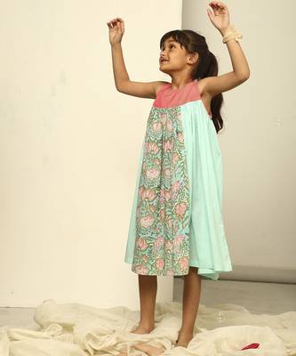 Blue cotton woven floral printed  dress 3
