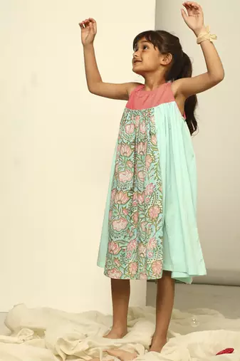 Blue cotton woven floral printed  dress