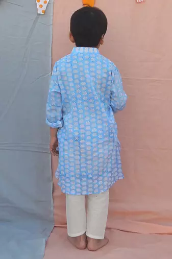 Powder blue cotton woven  kurta pyjama