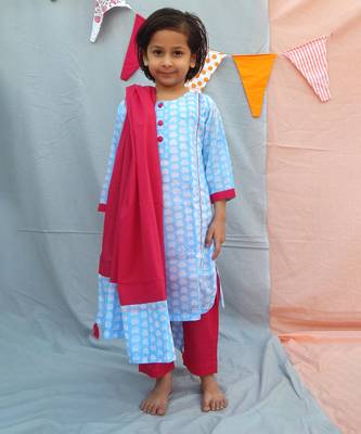 Powder blue cotton woven kurta pant with dupatta 1