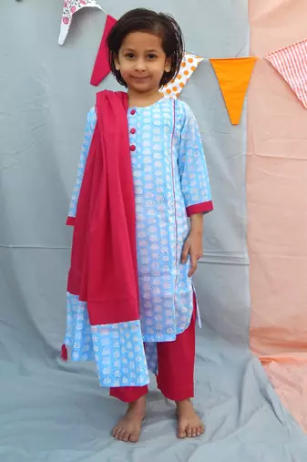 Powder blue cotton woven kurta pant with dupatta