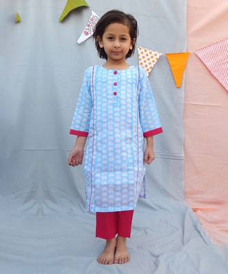 Powder blue cotton woven kurta pant with dupatta 2