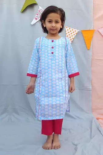 Powder blue cotton woven kurta pant with dupatta
