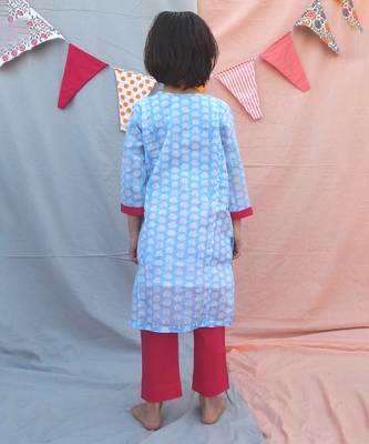 Powder blue cotton woven kurta pant with dupatta 3
