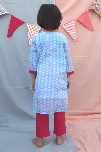 Powder blue cotton woven kurta pant with dupatta