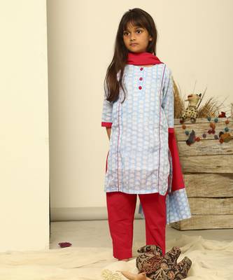 Powder blue cotton woven kurta pant with dupatta 4
