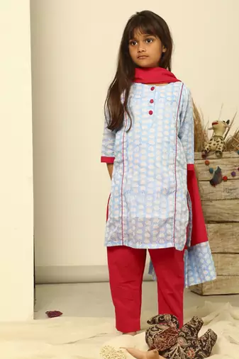 Powder blue cotton woven kurta pant with dupatta