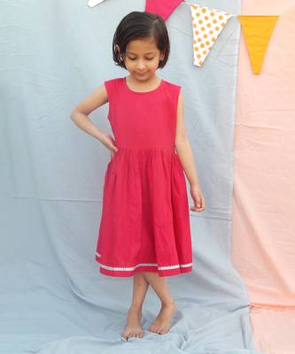 Hot pink solid cotton woven dress 1