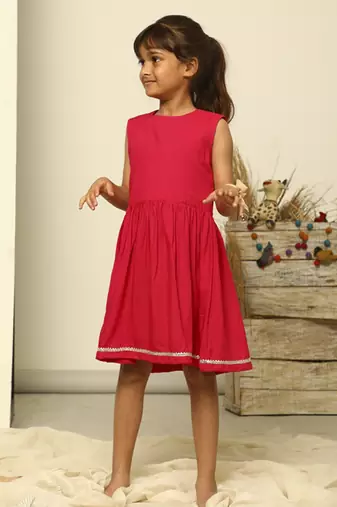 Hot pink solid cotton woven dress