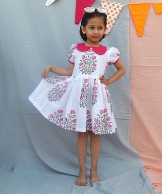 Blue floral printed cotton woven dress for girls 1