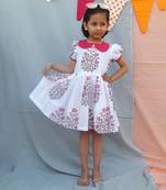 Blue floral printed cotton woven dress for girls